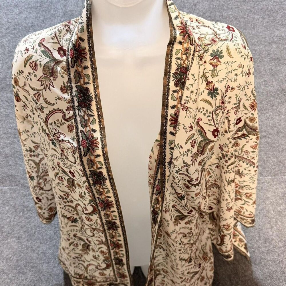 Max Studio Jacket Womens Small White Floral Kimono Open Front 3/4 Sleeve Boho